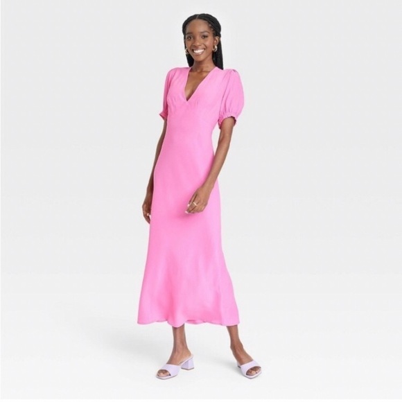 a new day Dresses & Skirts - A NEW DAY • Pink Puff Short Sleeve Elegant V-Neck Dress